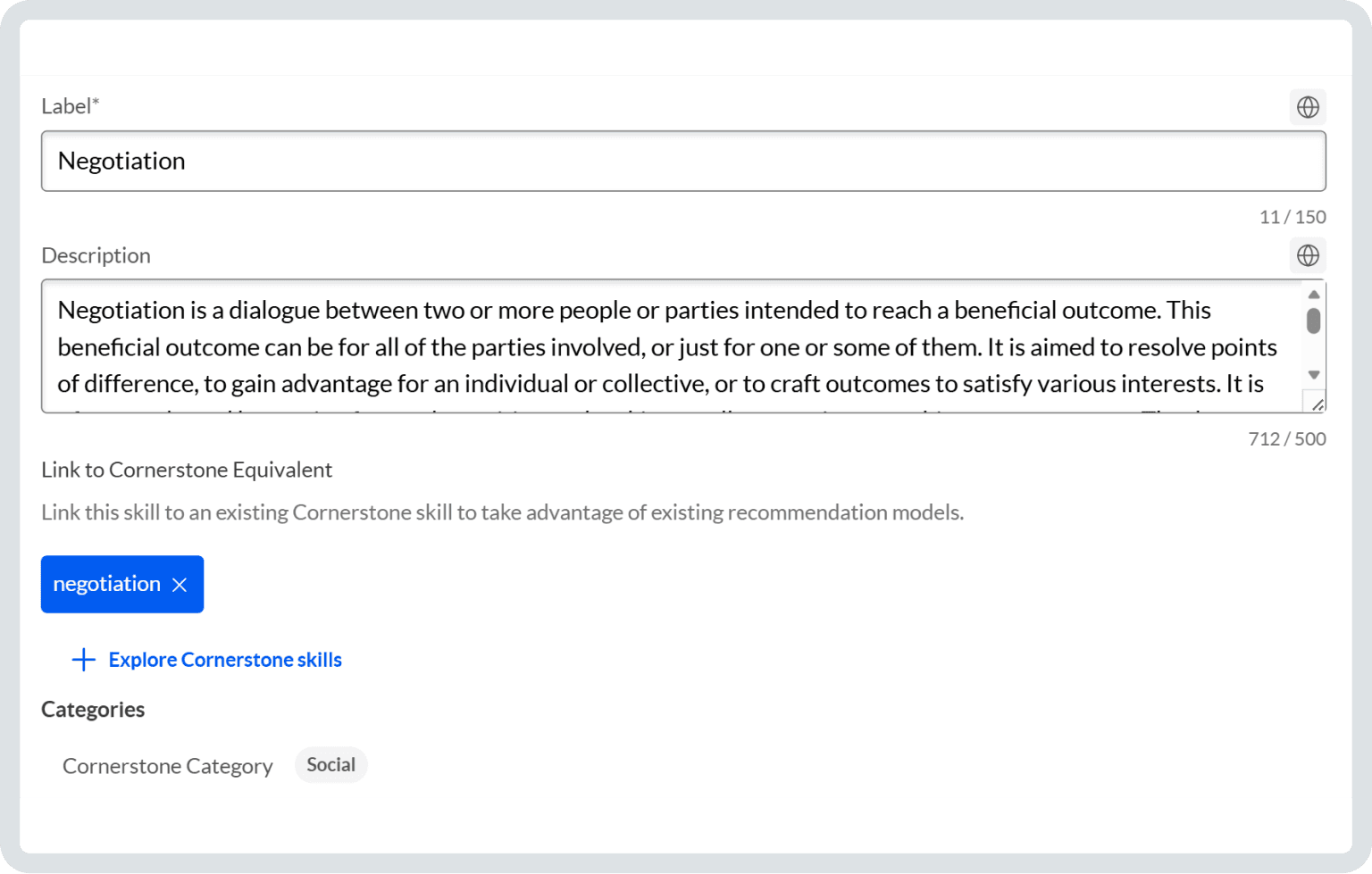 A user interface form defining the skill "Negotiation" with its description and categories.