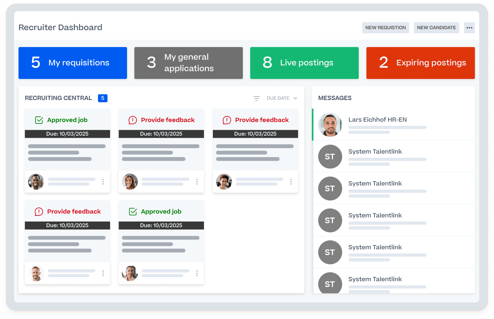 Screenshot of a recruiter dashboard, showing 4 columns: my requisitions, my general applications, live positing and expiring postings.