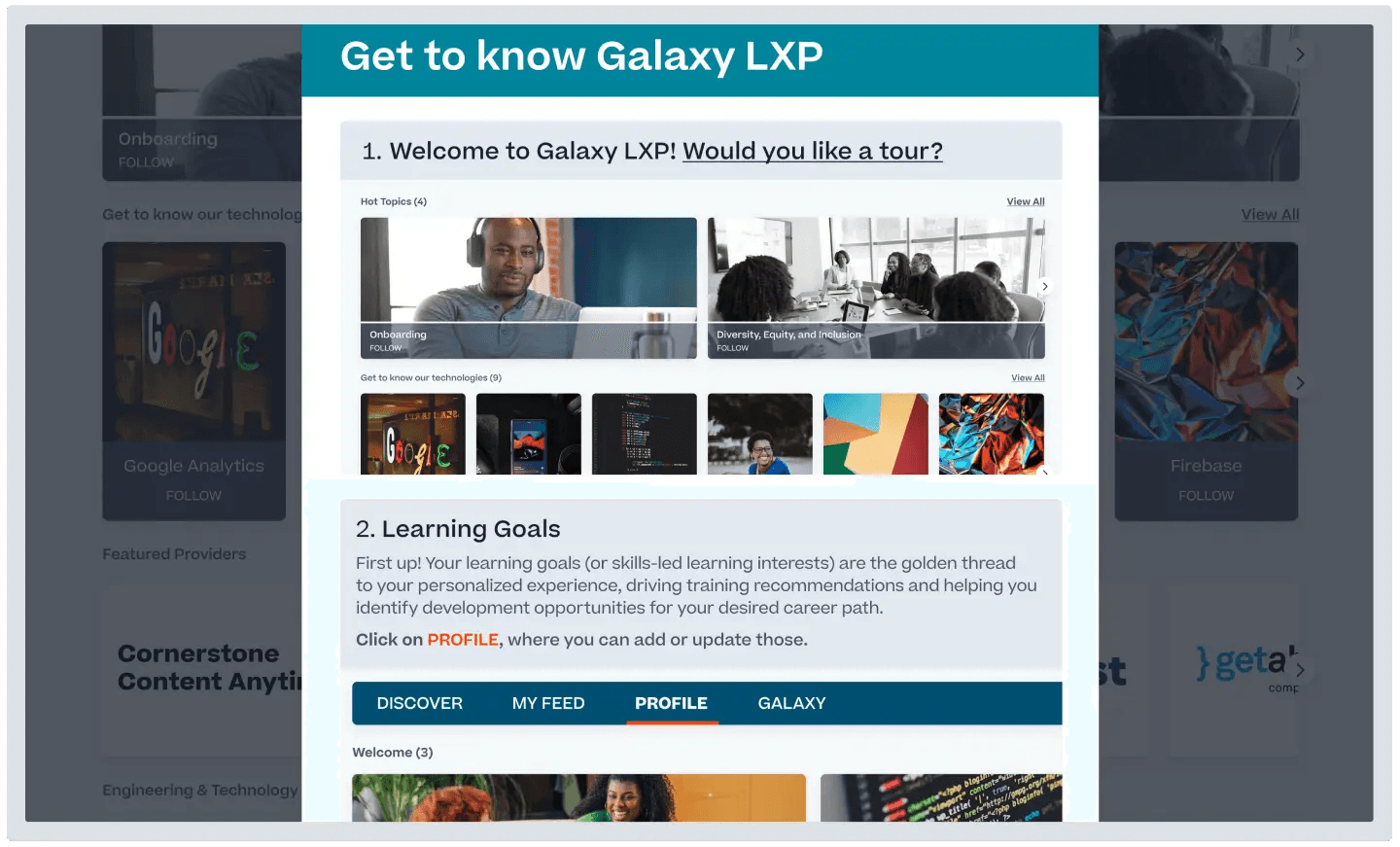 Product screenshot of Cornerstone Galaxy LXP, including options for taking a product tour, or setting up learning goals.