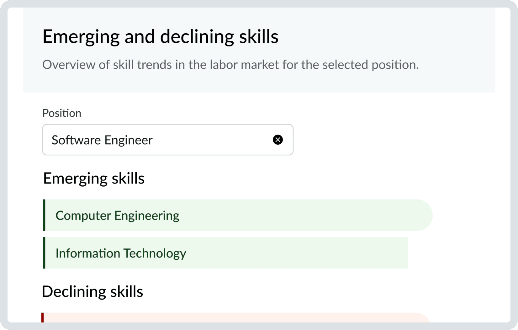 A product screen shot of Cornerstone software, where a user can see a list of emerging and declining skills for a select position. In this case, Software Engineer is chosen.